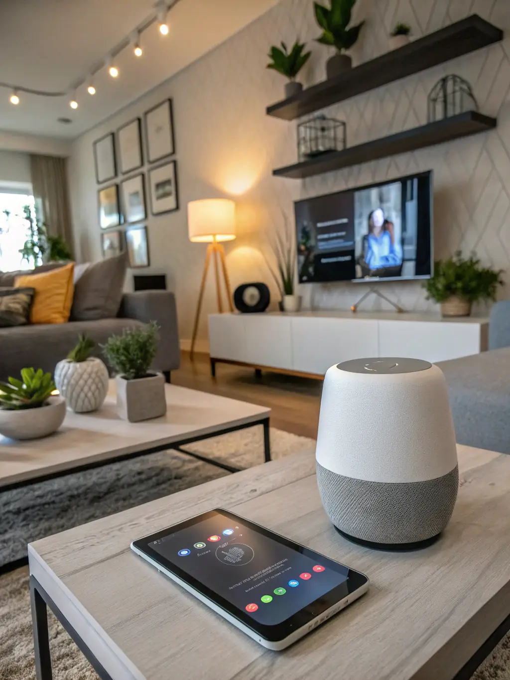 An image of a smart speaker with a visual interface showing voice command recognition, emphasizing the convenience of voice-activated technology.