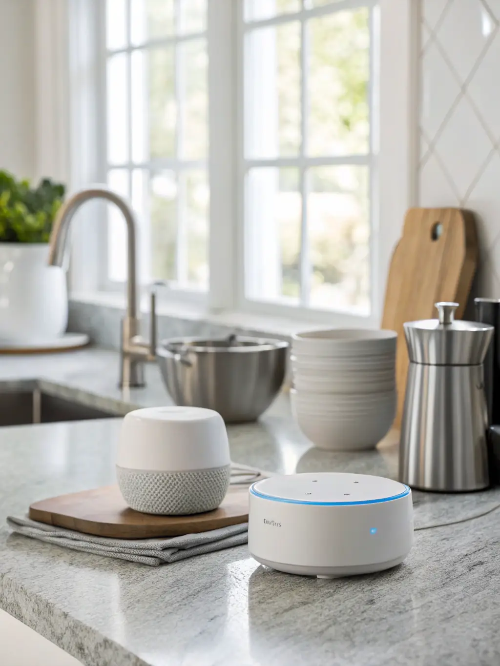 An image of a smart speaker with a visual interface showing voice command recognition.