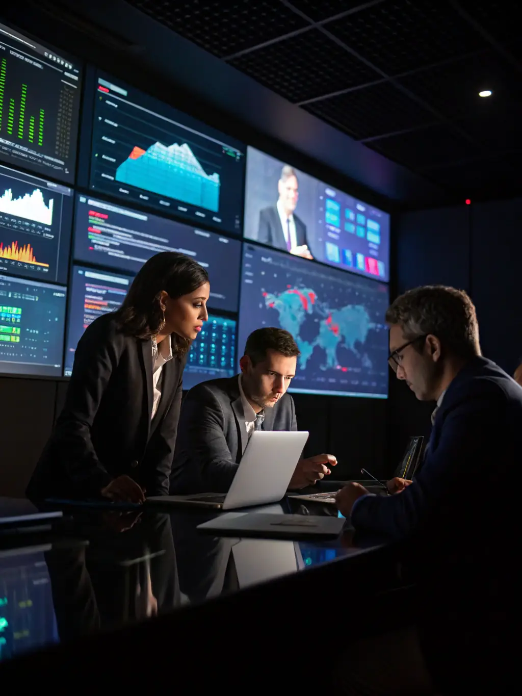 An image showing a diverse team collaborating around a digital dashboard displaying real-time data analytics and AI-driven insights, emphasizing the collaborative and data-driven benefits of AI integration.
